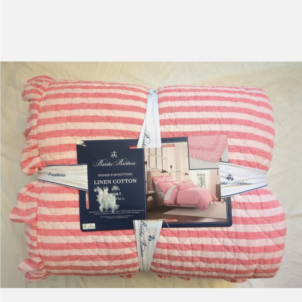 Brooks Brothers Pink Striped Quilt ruffled cotton linen